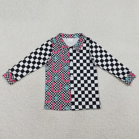 Baby Girls Clothes Shoes Lightnings Black Checked Western Button Shirts Top GT1509
