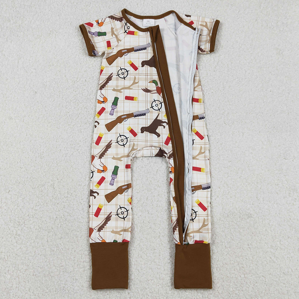 Baby Boys Rompers Khaki Checked Dogs Ducks Hunting Two Way Zip Convertible Rompers SR3497 12.23