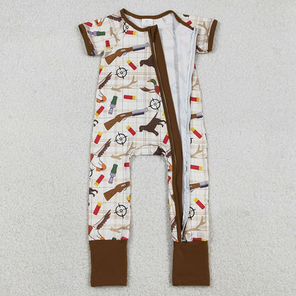 Baby Boys Rompers Khaki Checked Dogs Ducks Hunting Two Way Zip Convertible Rompers SR3497 12.23