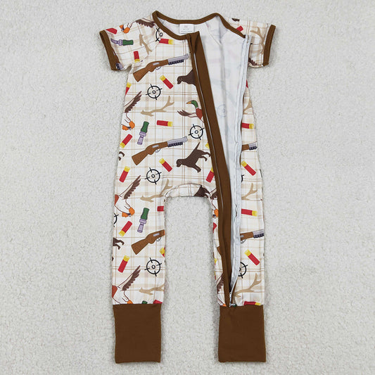 Baby Boys Rompers Khaki Checked Dogs Ducks Hunting Two Way Zip Convertible Rompers SR3497 12.23