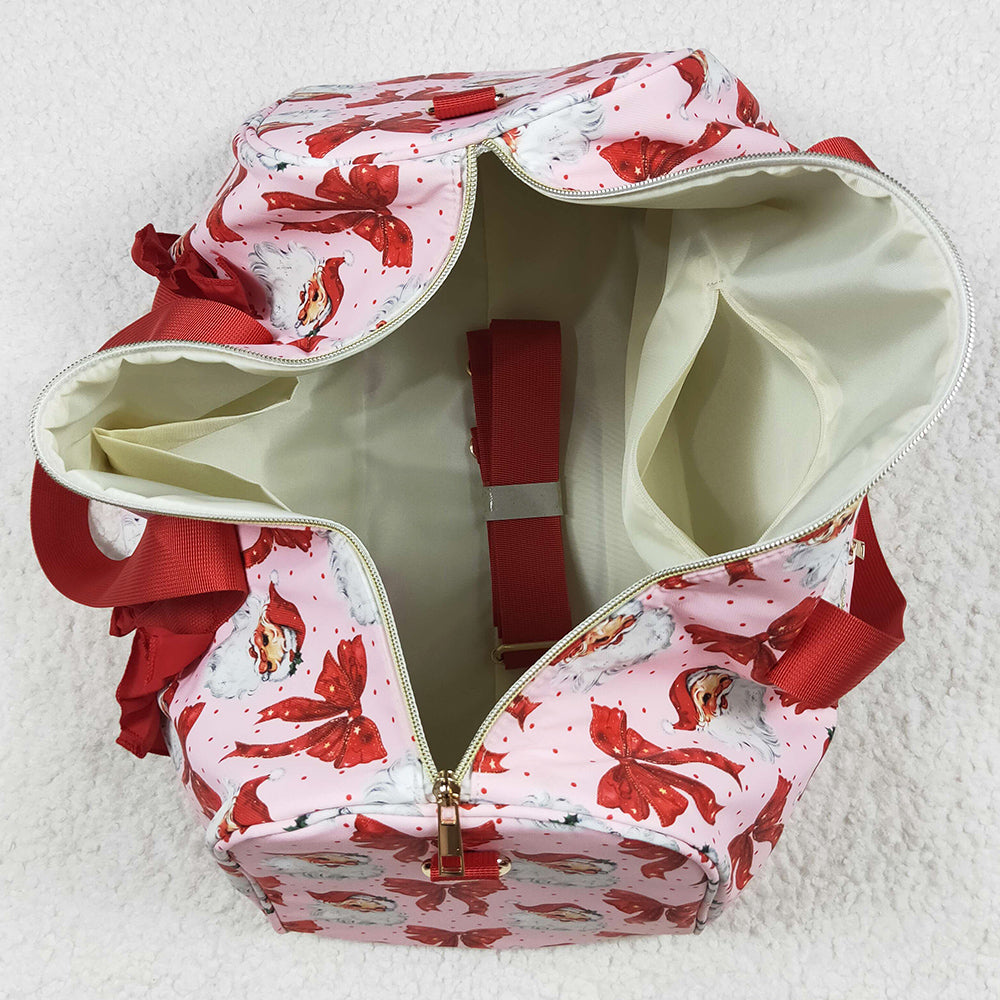 Kids Girls Bags Christmas Red Ruffle Bows Santa Print Zipper Gym Bags BA0306 7.7