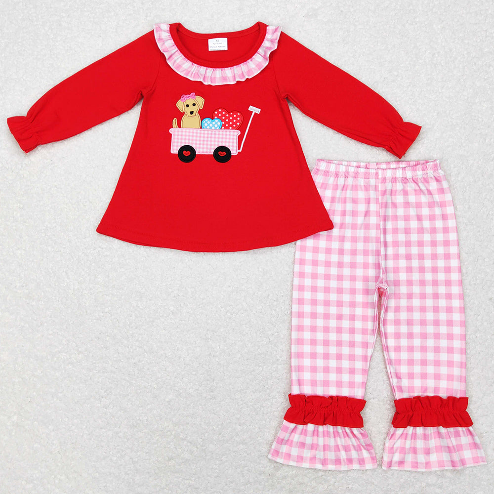 Baby Girls Clothes Valentines Dog Hearts Tractor Shirt Ruffle Pants Sets GLP0900