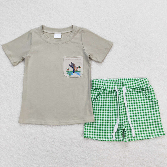 Baby Boys Clothes Ducks Green Shirt Checkered Shorts Clothes Sets BSSO0734