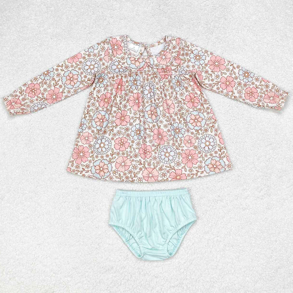 Baby Girls Clothes Fall Flowers Tunic Top Blue Bummies Clothes Sets GBO0397