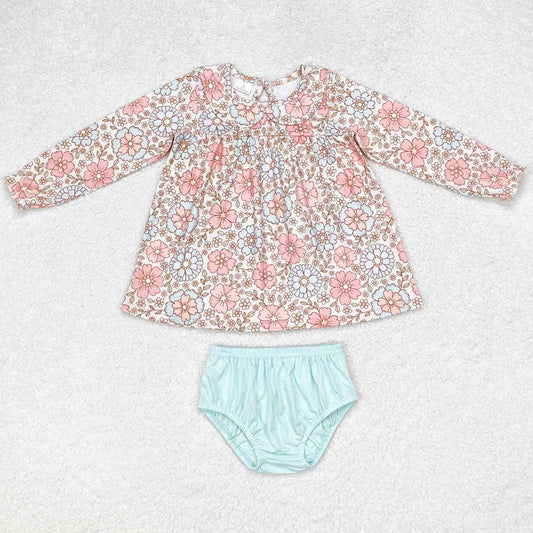 Baby Girls Clothes Fall Flowers Tunic Top Blue Bummies Clothes Sets GBO0397