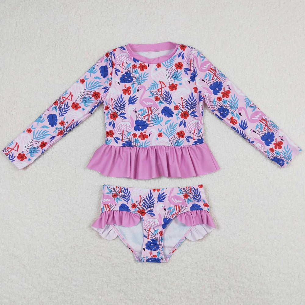 Baby Girls Swimsuits Pink Flamingo Long Sleeve Top Bummie Swimsuits S0263