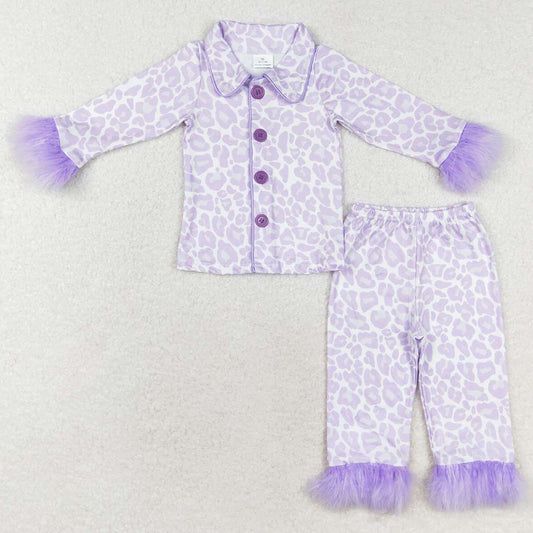 Baby Girls Pajamas Lavender Leopard Buttons Top Pants Fur Pajamas Sets Preorder GLP1259