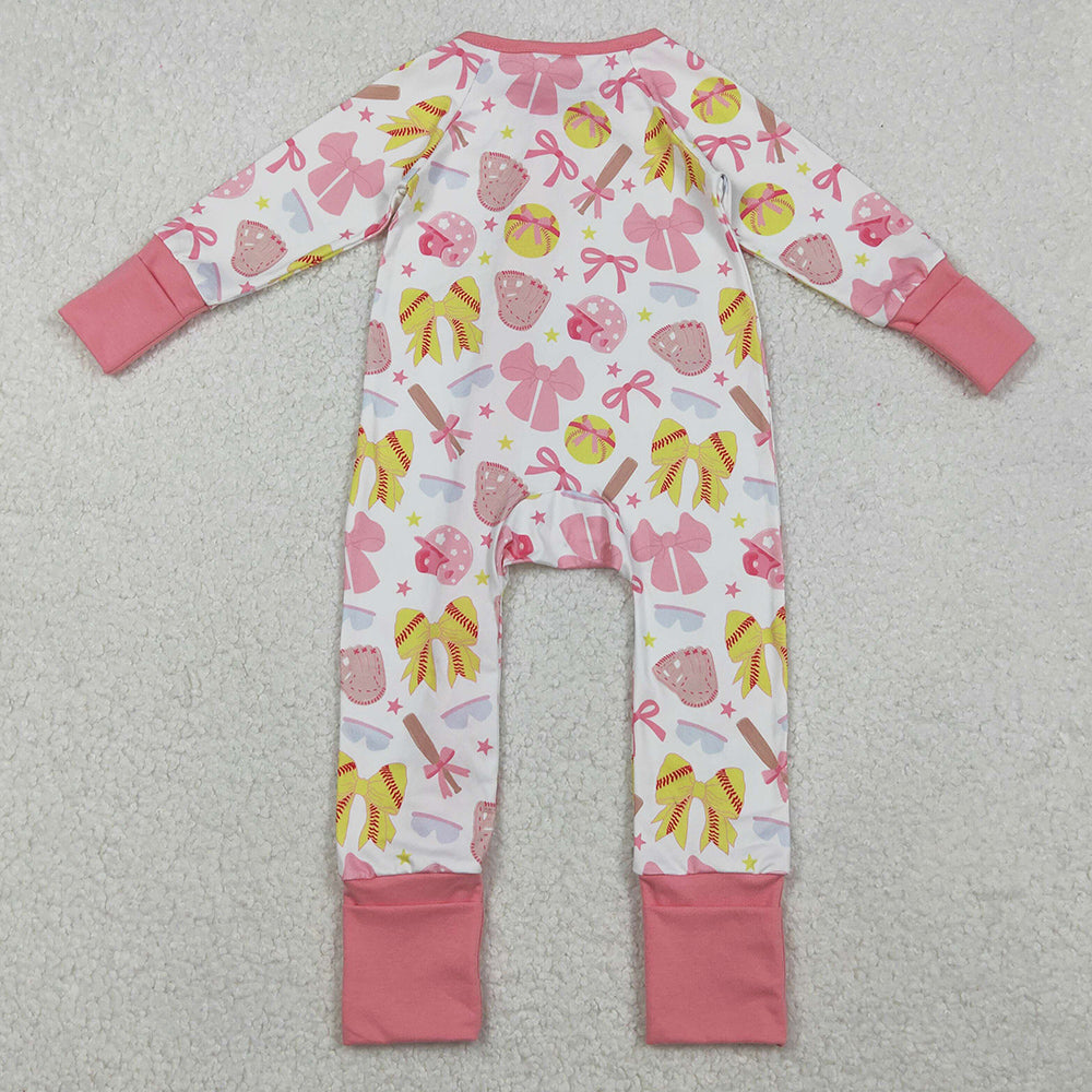 Baby Girls Rompers Pink Yellow Baseballs Bows Team Zipper Footie Rompers LR2705 10.20