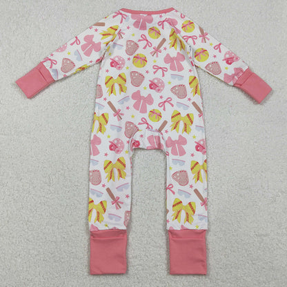 Baby Girls Rompers Pink Yellow Baseballs Bows Team Zipper Footie Rompers LR2705 10.20