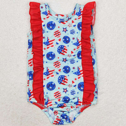 Baby Girls Swimsuits 4th Of July Stars Ruffle One Piece Swimsuits S0433