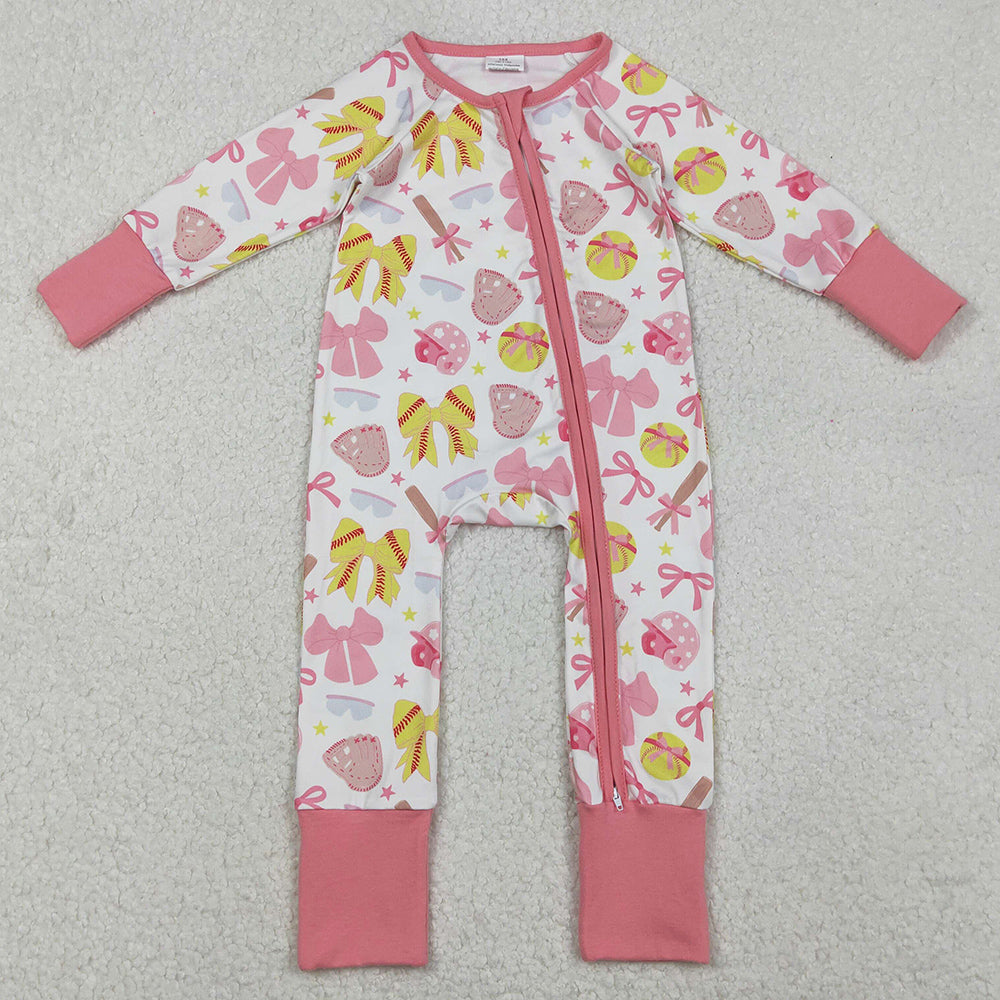 Baby Girls Rompers Pink Yellow Baseballs Bows Team Zipper Footie Rompers LR2705 10.20