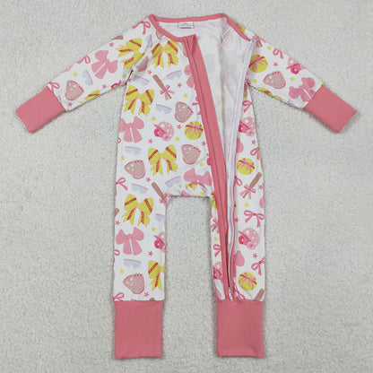 Baby Girls Rompers Pink Yellow Baseballs Bows Team Zipper Footie Rompers LR2705 10.20