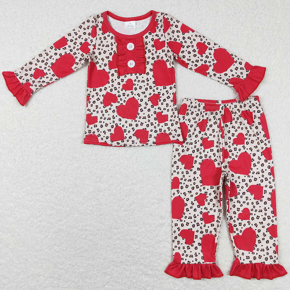 Baby Girls Pajamas Valentines Hearts Leopard Shirt Pants Pajamas Sets GLP0905