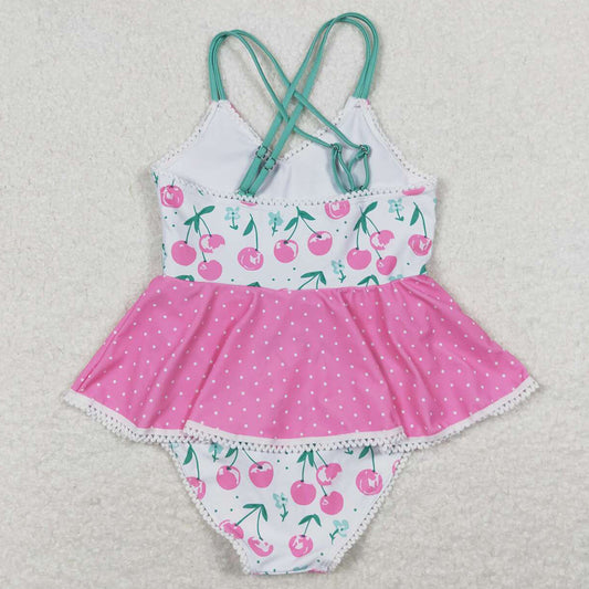 Baby Girls Swimsuits Cherry Pink Green Ruffle One Piece Swimsuits S0251