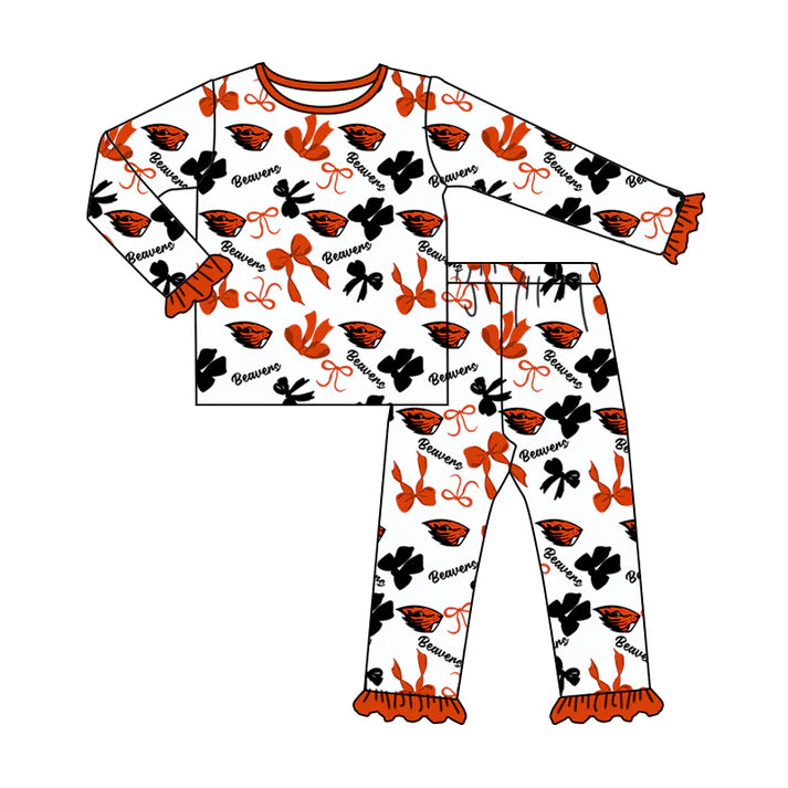 MOQ 5 Long sleeves orange black bows kids girls team pajamas 8.21