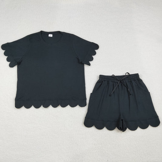 Adult Women Clothes Black Shorts Sleeve Shirts Top Scallop Short Clothes Sets GSSO3200