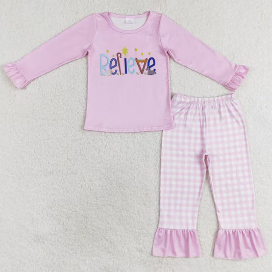 Baby Girls Clothes Pink Christmas Believe Top Ruffle Pants Sets GLP1300