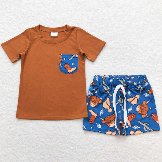 Baby Boys Clothes Brown Short Sleeve Shirt Highland Cow Cactus Boys Sets BSSO0542