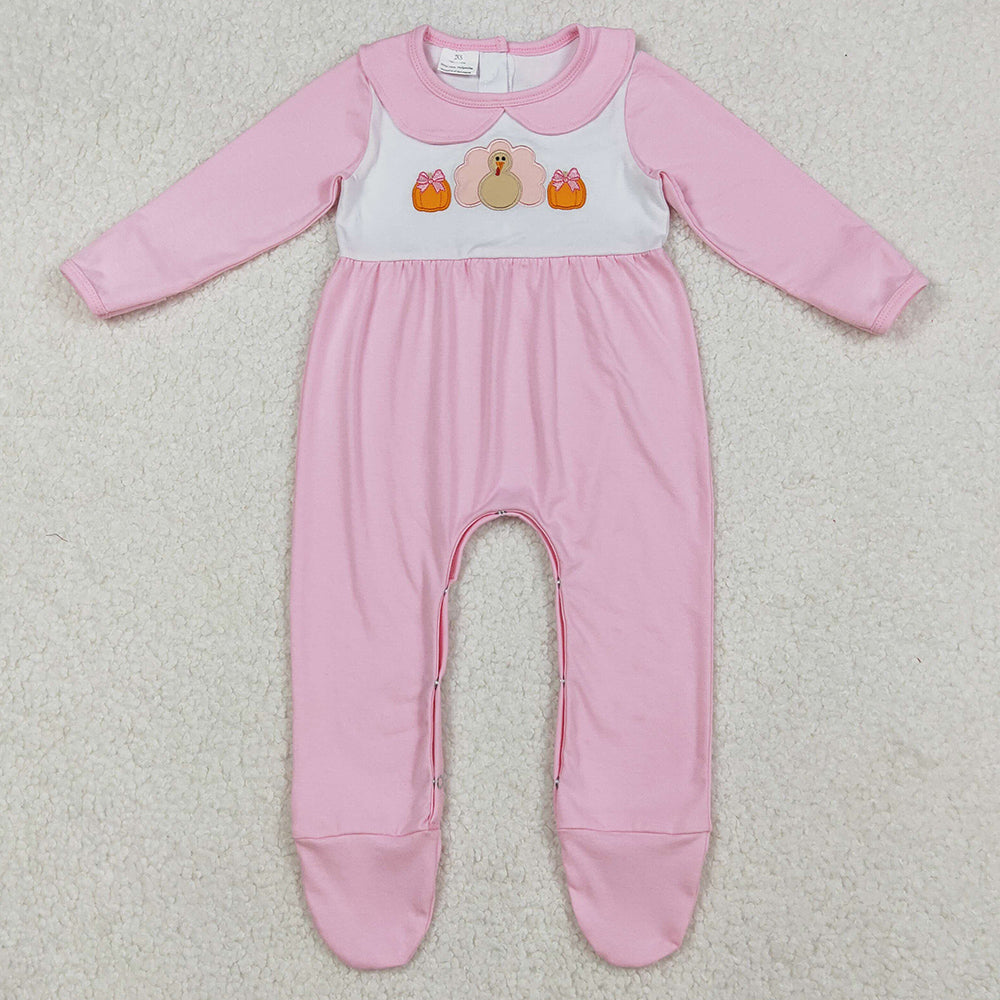 Baby Girls Rompers Embroidery Pumpkins Turkey Thanksgiving Pink Fall Footed Rompers LR2563 10.2