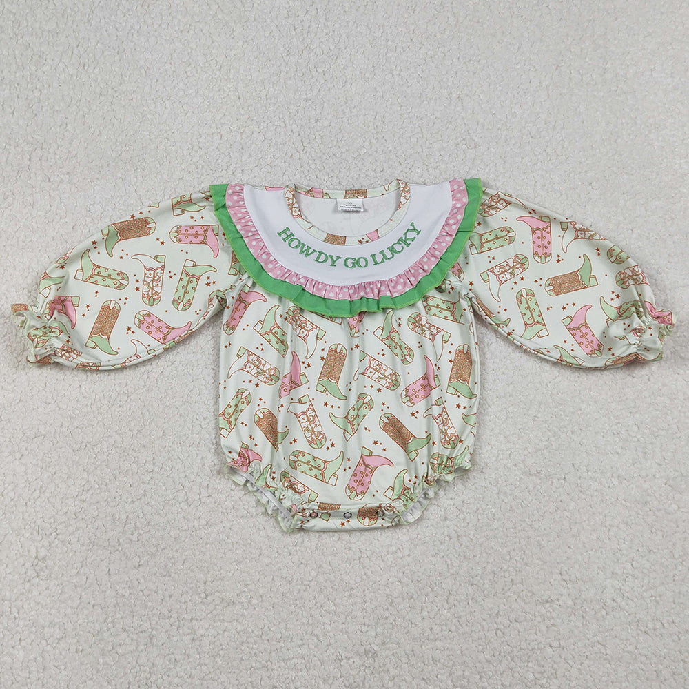 Baby Girls Rompers Embroidery Howdy Go Lucky Boots Stars Western Ruffle Rompers LR2840 12.20