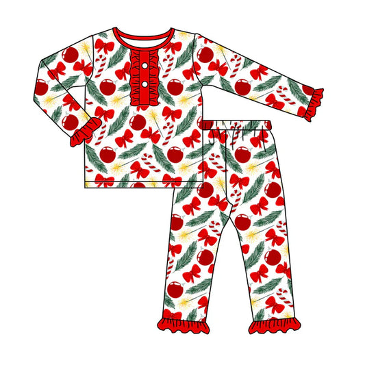 Preorder (moq 5)Baby Girls Long Ruffle Sleeves Red Bows Cherry Button Top Pant Pajamas Set 5.20