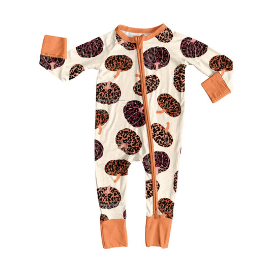 Preorder(moq 5)Baby Girls Leopard Pumpkins Plaid Zipper Pant Rompers 7.26