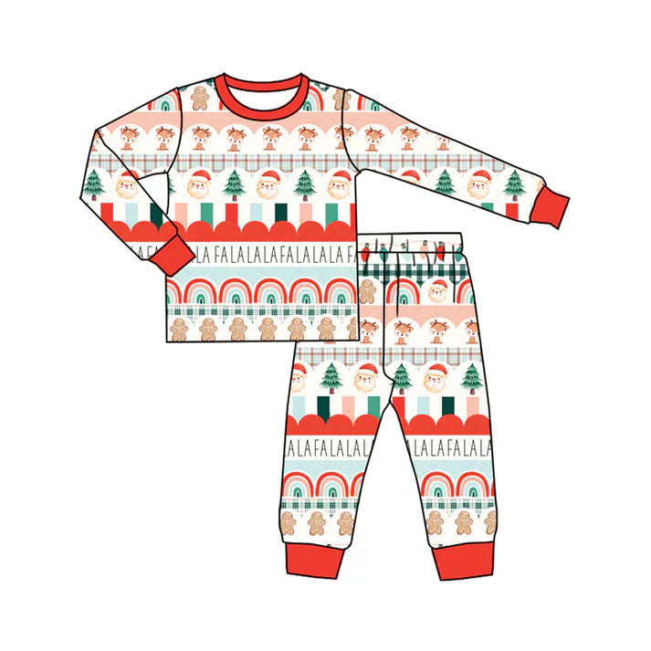 Preorder (moq 5)Baby Boys Red Long Sleeves Santa Deer Trees Stripe Top Pant Pajamas Set 6.2