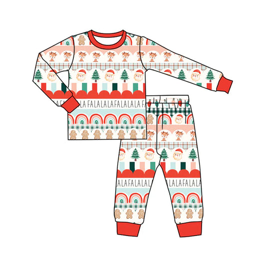 Preorder (moq 5)Baby Boys Red Long Sleeves Santa Deer Trees Stripe Top Pant Pajamas Set 6.2