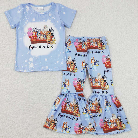 Hot Sale Baby Girls Clothes Short Sleeve Friends Tee Top Flare Bell Pants Sets GSPO1286