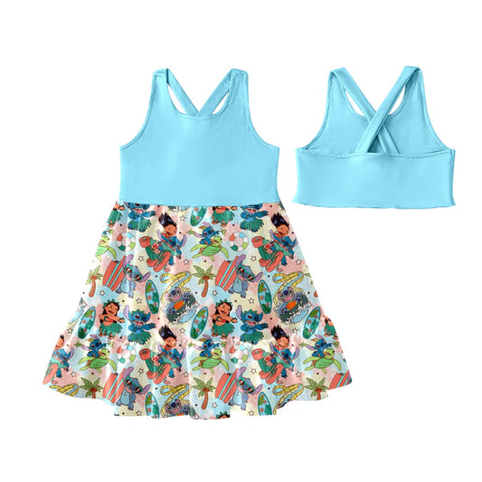 Preorder (moq 5)Baby Girls Blue Sleeveless Cartoon Bunny Beach Patchwork Knee Length Dress 4.25