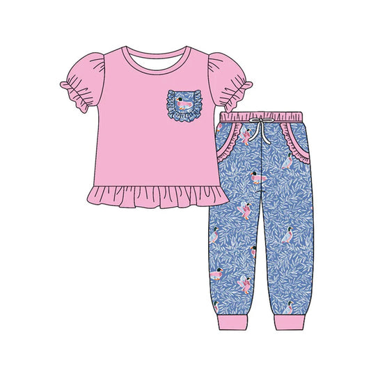 Preorder(moq 8)Baby Girls Pocket Ruffle Top Floral Ducks Jogger Pants Clothes Sets 9.27
