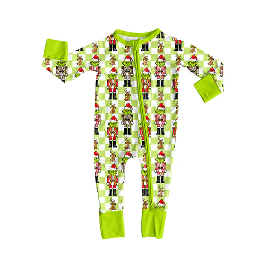 Preorder(moq 5)Baby Infant Boys Long Sleeves Green Face Soldiers Plaid Christmas Zipper Rompers 7.31