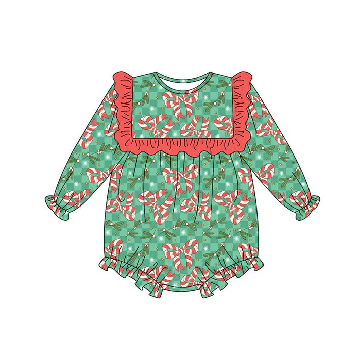 Preorder(moq 5)Baby Girls Holly Plaid Candy Cane Bows Christmas Ruffle Rompers 8.15