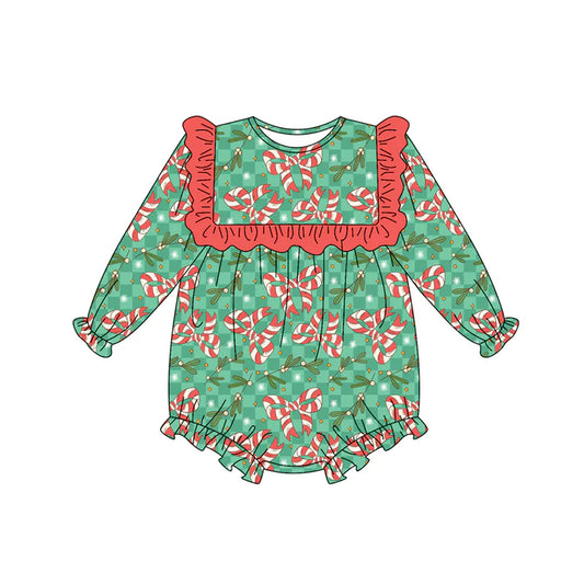 Preorder(moq 5)Baby Girls Holly Plaid Candy Cane Bows Christmas Ruffle Rompers 8.15