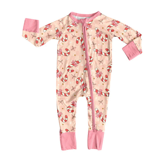 Preorder (moq 5)Baby Girls Pink Long Sleeves Bows Candy Cane Plaid Zipper Romper 7.3