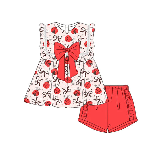 Preorder moq 5 Baby Girls Red Sleeveless Bows Ladybird Tunic Ruffle Short Set 4.18