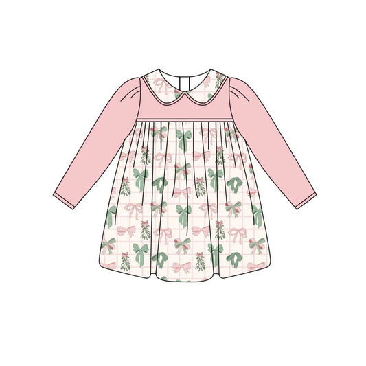 Preorder (moq 5)Baby Girls Peach Long Sleeves Colorful Bows Plaid Knee Length Dresses 6.12