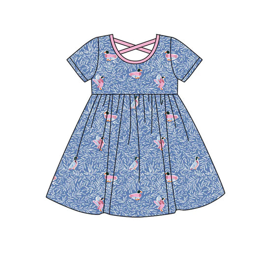 Preorder(moq 8)Baby Girls Blue Floral Ducks Knee Length Dresses 9.27