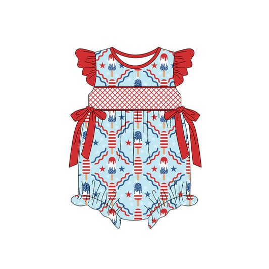 Preorder(moq 5)Baby Infant Girls Red Flutter Sleeves Stars Popsicle Bows 4th Of July Ruffle Rompers 5.15