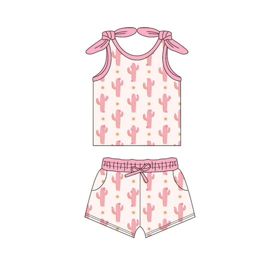 Preorder (moq 5)Baby Girls Pink Bows Sleeveless Cactus Polka Dots Vest Top Pockets Short Set 6.3