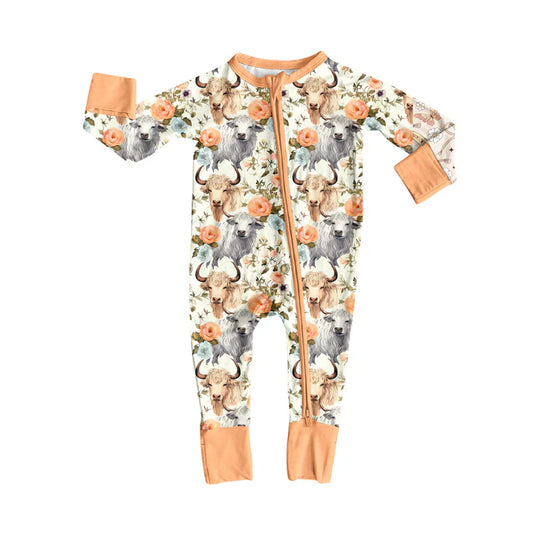 Preorder(moq 5)Baby Infant Boys Long Sleeves Flowers Highland Cows Zipper Rompers 7.31