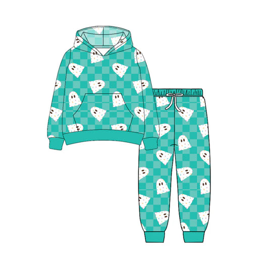 Preorder (moq 5)Baby Boys Long Sleeves Blue Plaid Ghosts Button Pockets Hoodies Top Legging Pants Set 7.1