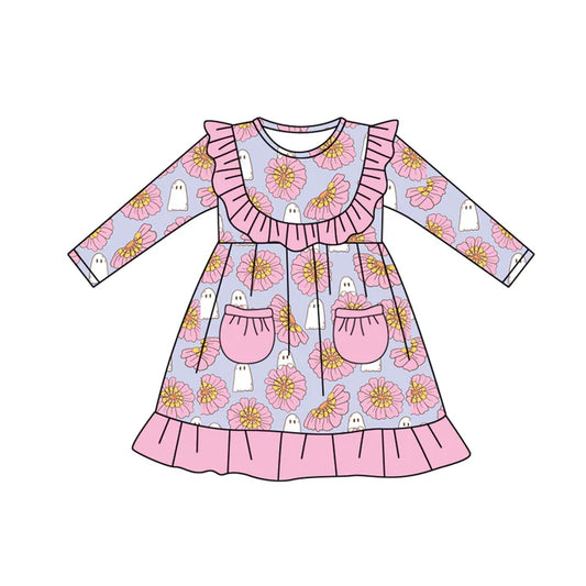 Preorder moq 5 Baby Girls Long Sleeves Pink Pockets Flowers Ghosts Knee Length Dresses 5.8