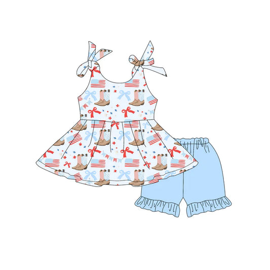 Preorder moq 5 Baby Girls Blue Strap Flags Boots Bows Tunic Ruffle Short 4th Of July Set 4.23