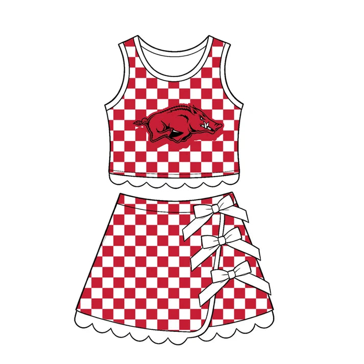 Preorder Baby Girls Red Checked Arkansas Top Bows Skirt Short Scallop Clothes Set GSD4286