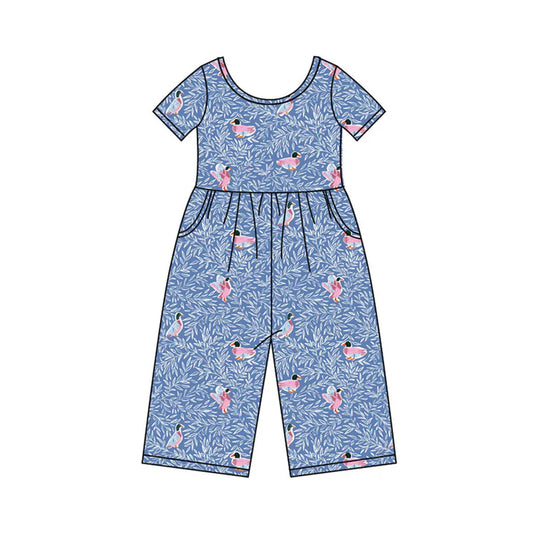 Preorder(moq 8)Baby Girls Blue Floral Ducks Pockets Pant Jumpsuits 9.27
