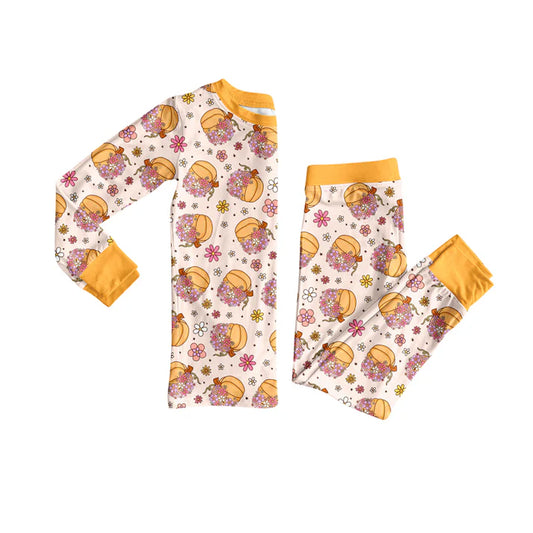Preorder (moq 5)Baby Girls Yellow Long Sleeves Flower Pumpkins Top Pant Pajamas Sets 6.11