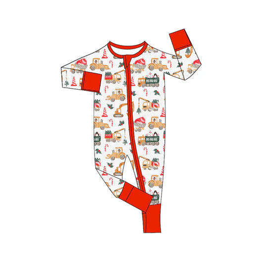 Preorder moq 5 Baby Infant Boys Long Sleeves Candy Cane Excavators Plaid Zipper Romper 7.16