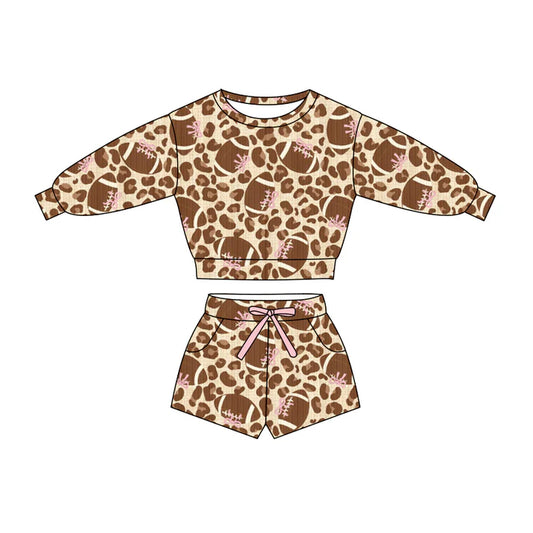 Preorder (moq 5)Baby Girls Bow Footballs Leopard Top Pockets Shorts Team Clothes Sets 11.26