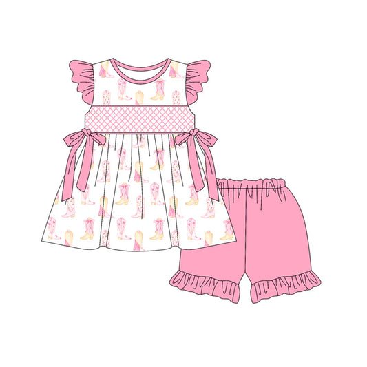 Preorder (moq 5)Baby Girls Pink Flutter Sleeves Bows Boots Tunic Ruffle Short Sets 5.15